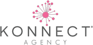 The image displays a logo with the text  konnect agency  below it, featuring a stylized letter  K  that incorporates a pink dot pattern.