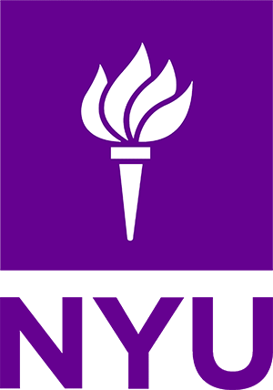 The image is a logo featuring the NYU acronym in white text with a purple background on the left side, and a stylized flame or torch graphic in white on a darker purple background on the right.
