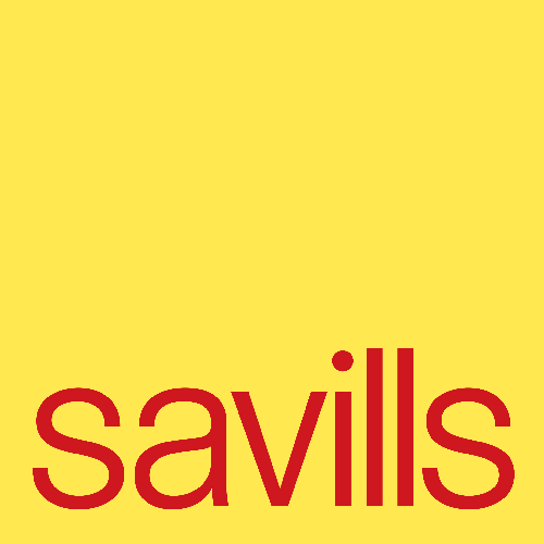 The image displays a logo with the text  savills  in lowercase letters, set against a solid yellow background.