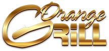 The image displays a logo for  Orange Crush Grill,  featuring stylized text with a golden hue and a graphic element resembling a flame or a burst of light.